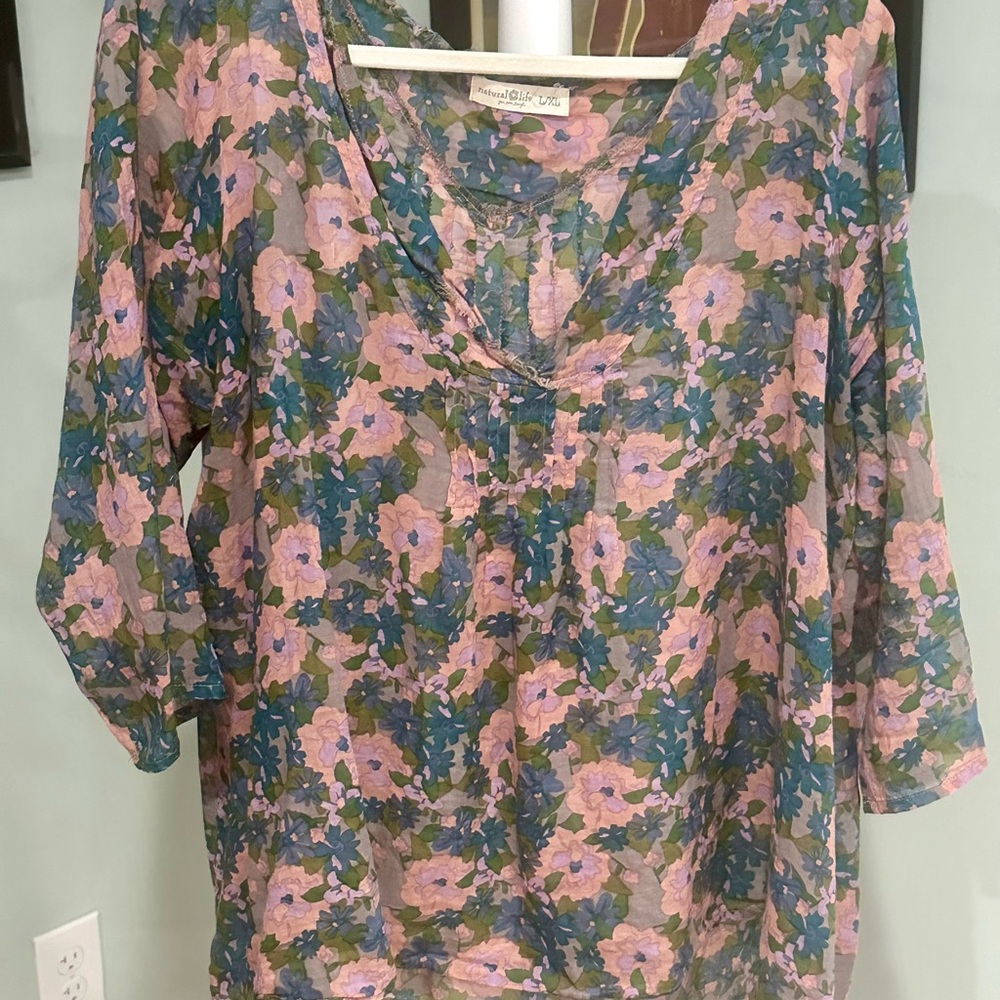 NATURAL LIFE Pink Floral V-Neck Blouse with Green and Blue Accents